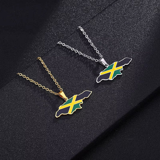 Jamaica Map and National Flag Pendant Necklaces for Women Stainless Steel Gold Color Jamaican Ethnic Birthday Party Jewelry
