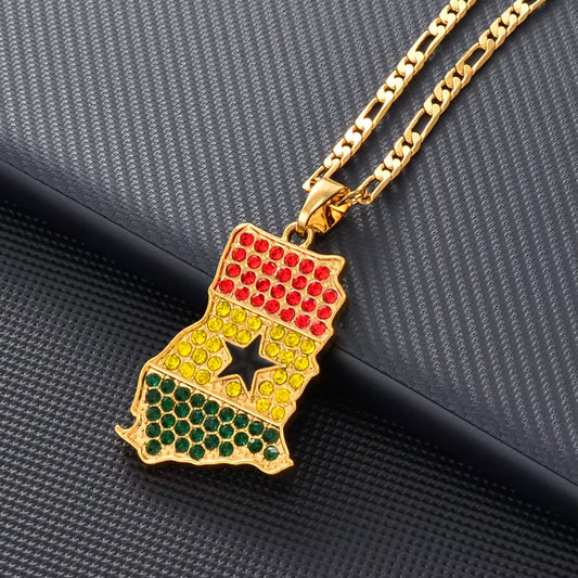 Ghana Map Flag with Stone Pendant Necklace Gold Color Jewelry Ghanaian Country Maps Patriotic National Day @@240906