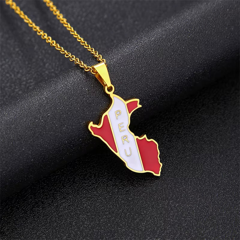 New Arrivals Peru Map with Flag Pendant Necklaces for Women Men Gold Color/Silver Color Map of Peru Jewelry Peruvian
