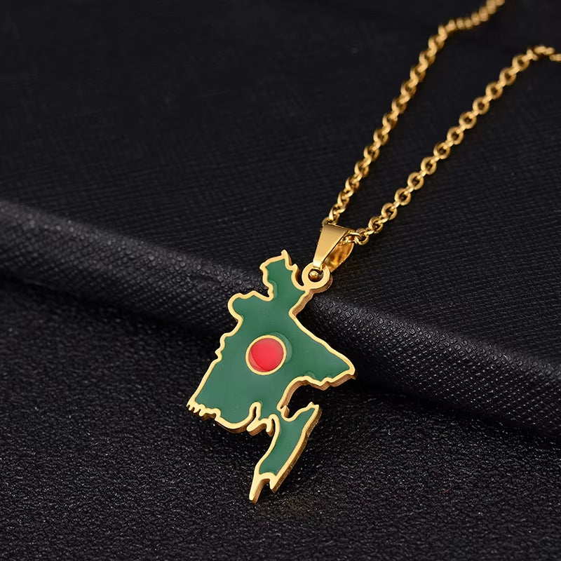 Bangladesh Map Flag Pendant Necklaces Gold/Steel Color for Women Girls Stainless Steel Bangladeshi Maps Jewelry Bengali Gift