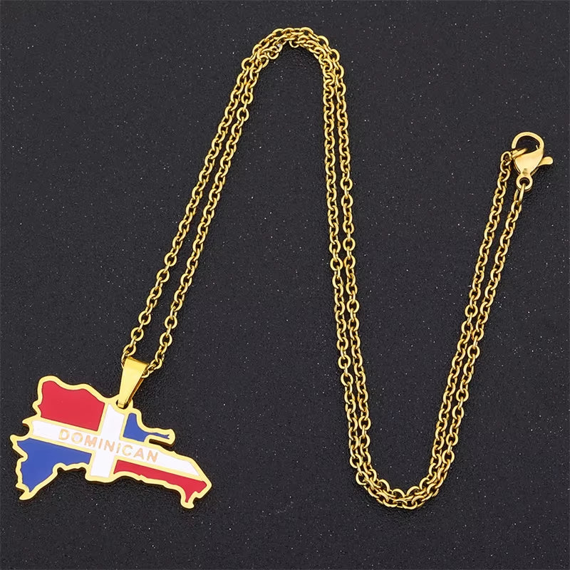 Hot Stainless Steel Trendy Enamel the Dominican Republic Map Pendant Necklace Map of Dominican Chain Jewelry