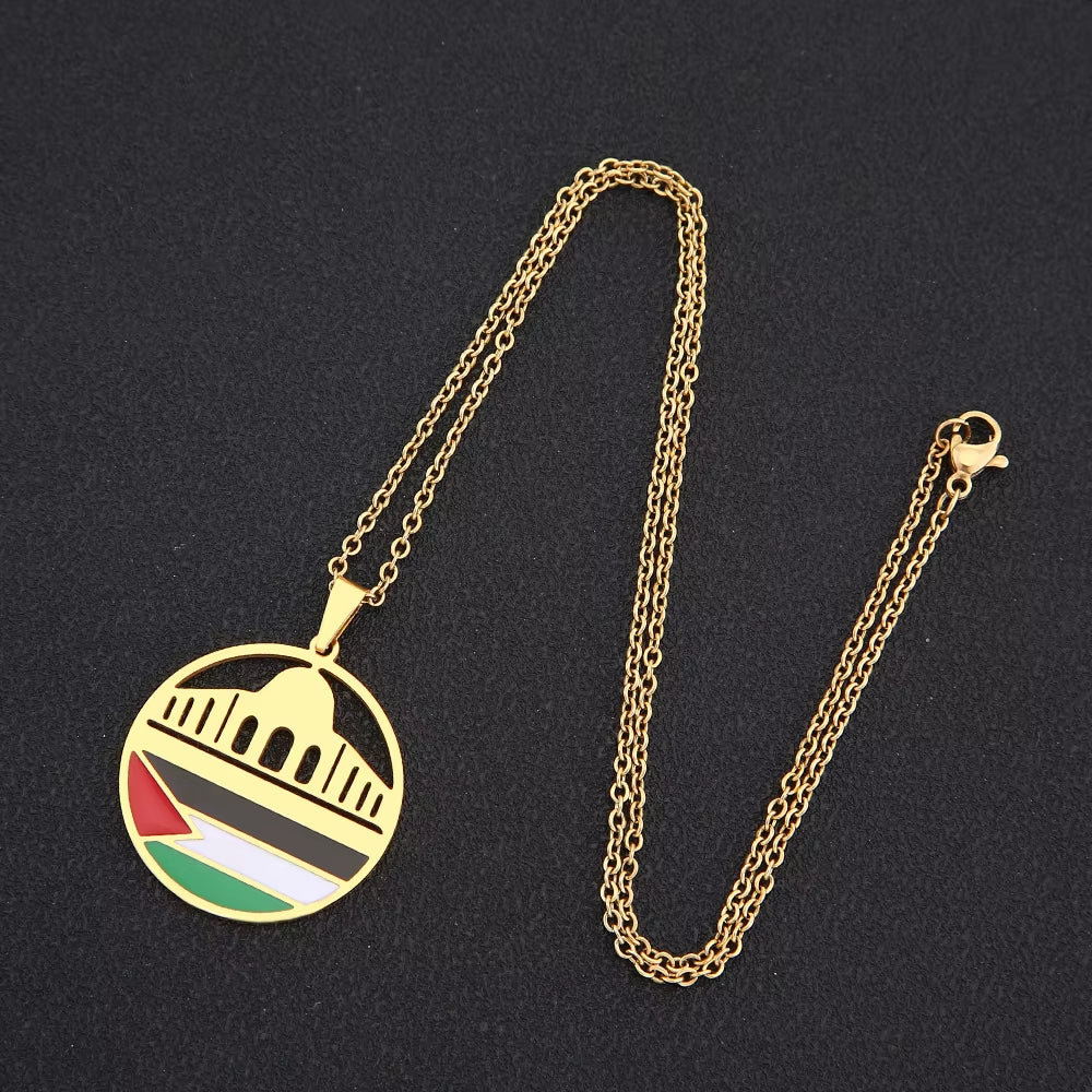 Fashion Al-Aqsa Mosque State of Palestine Flag Pendant Necklace Stainless Steel Gold Color Men Women Ethnic Jewelry Gift