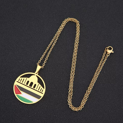 Fashion Al-Aqsa Mosque State of Palestine Flag Pendant Necklace Stainless Steel Gold Color Men Women Ethnic Jewelry Gift