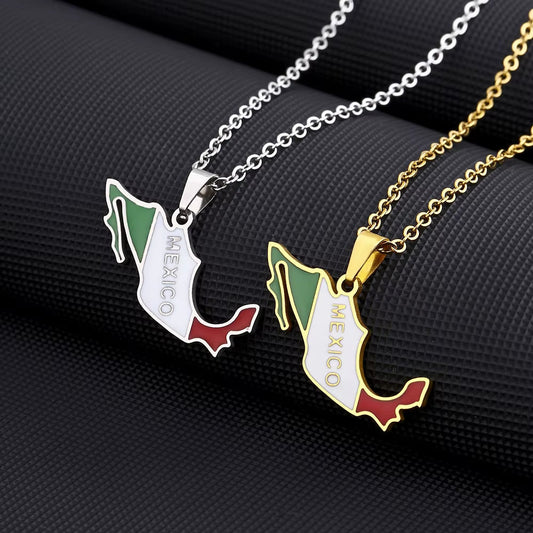 Celebrate Your Heritage with the Stunning Mexico Map Flag Pendant Necklace - Perfect Stainless Steel Jewelry for Men and Women