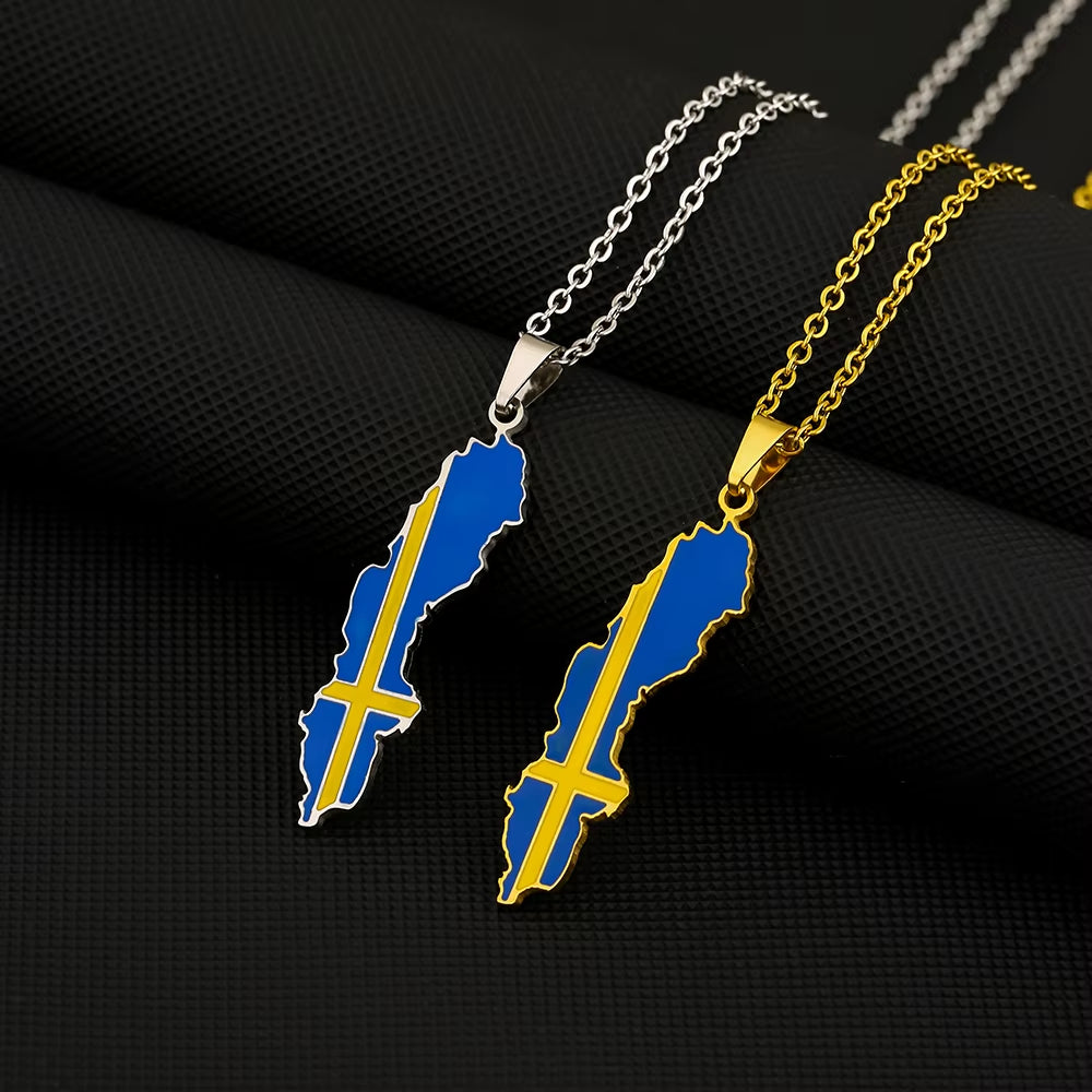 Fashion Sverige Map Flag Pendant Necklace Stainless Steel Men Women Sweden Maps Jewelry Gift