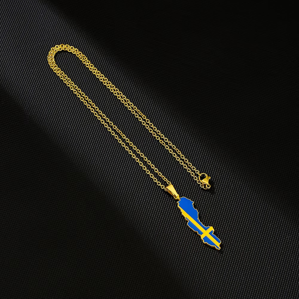 Fashion Sverige Map Flag Pendant Necklace Stainless Steel Men Women Sweden Maps Jewelry Gift