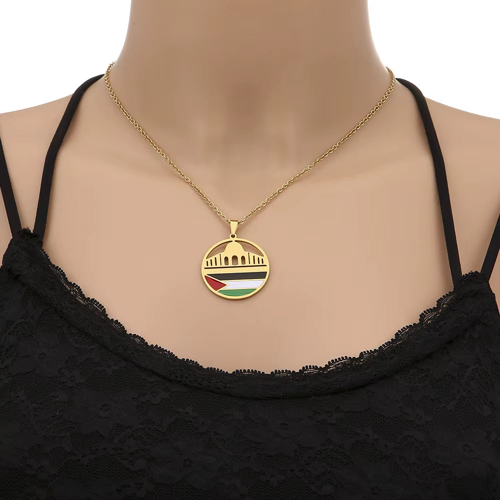 Fashion Al-Aqsa Mosque State of Palestine Flag Pendant Necklace Stainless Steel Gold Color Men Women Ethnic Jewelry Gift