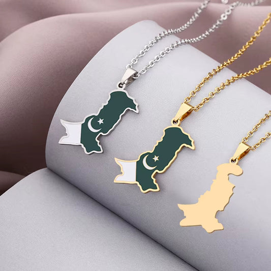 Fashion Pakistan Country Map Falg Pendant Necklaces for Women Stainless Steel Gold/Steel Color Pakistani Ethnic Jewelry Gifts
