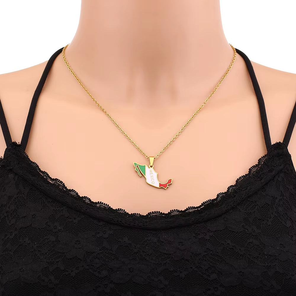 Celebrate Your Heritage with the Stunning Mexico Map Flag Pendant Necklace - Perfect Stainless Steel Jewelry for Men and Women