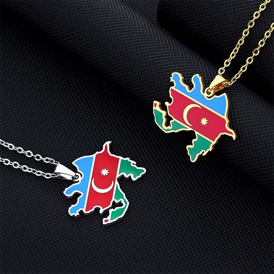 Azerbaijan Map with Flag Pendant Necklace Stainless Steel Gold Silver Color Azerbaycan Emblem Symbol Ethnic Patriotic Jewelry