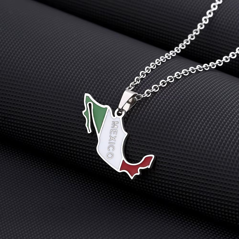 Celebrate Your Heritage with the Stunning Mexico Map Flag Pendant Necklace - Perfect Stainless Steel Jewelry for Men and Women