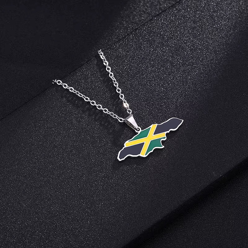 Jamaica Map and National Flag Pendant Necklaces for Women Stainless Steel Gold Color Jamaican Ethnic Birthday Party Jewelry