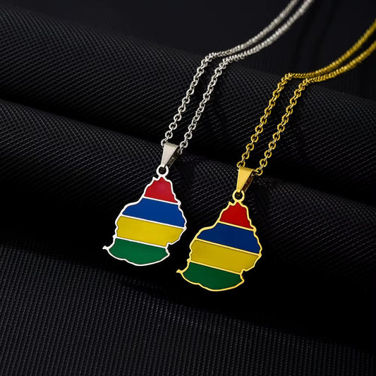 Fashion African Mauritius Island Map Flag Pendant Necklace Stainless Steel Men Women Maps Jewelry Gift