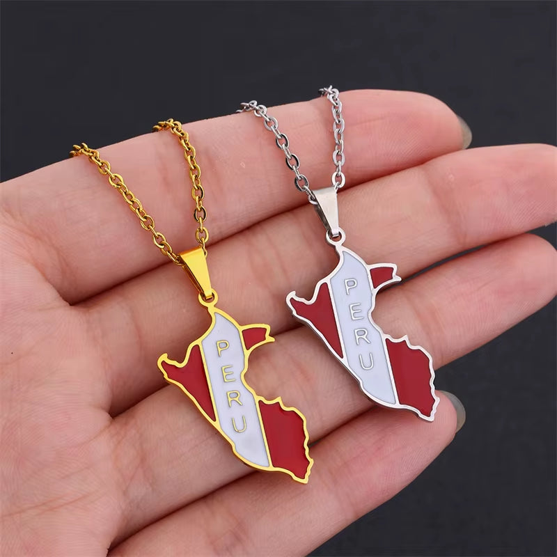 New Arrivals Peru Map with Flag Pendant Necklaces for Women Men Gold Color/Silver Color Map of Peru Jewelry Peruvian