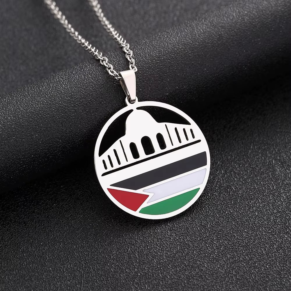 Fashion Al-Aqsa Mosque State of Palestine Flag Pendant Necklace Stainless Steel Gold Color Men Women Ethnic Jewelry Gift