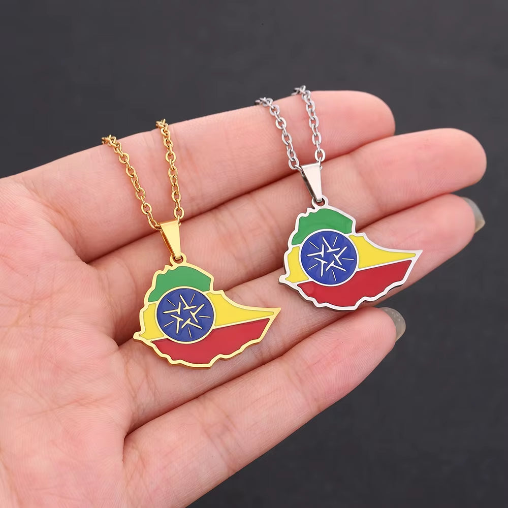 African Ethiopia Map Flag Pendant Necklace Stainless Steel Men Women Gold/Silver Color Country Maps Jewelry Gift